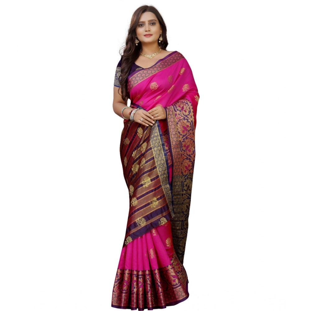 Snuggle Spot Women's Silk Blend Woven Saree With Unstitched Blouse 5.5Mtr (Pink-Beige)
