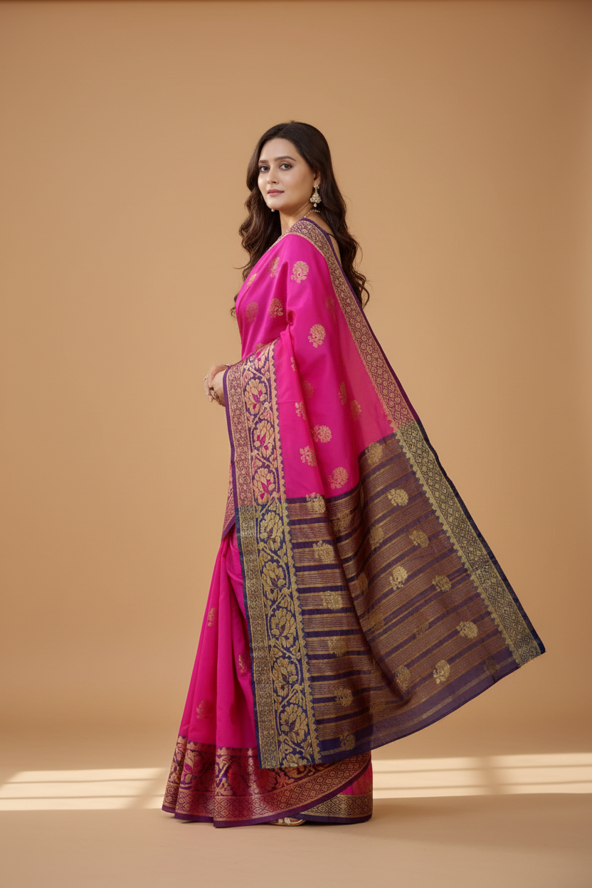 Snuggle Spot Women's Silk Blend Woven Saree With Unstitched Blouse 5.5Mtr (Pink-Beige)