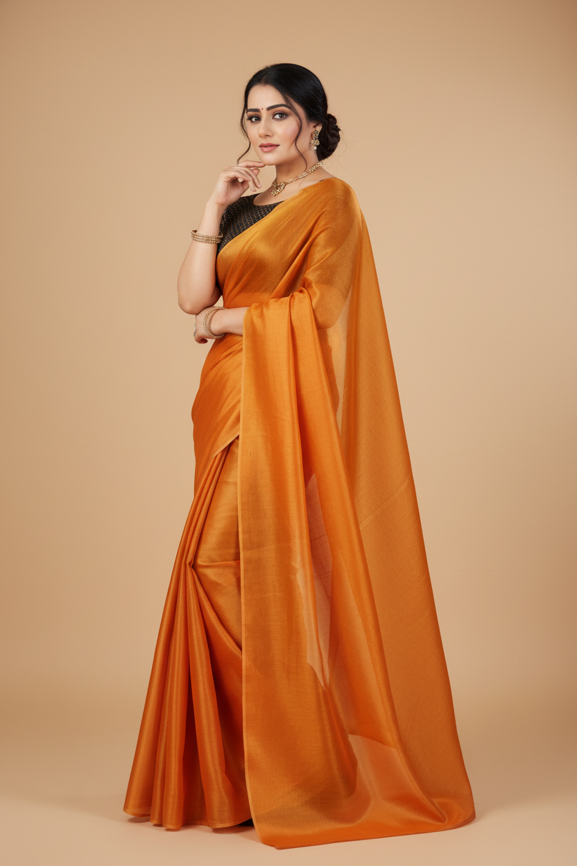 Snuggle Spot Women's Cotton Silk Self Design Saree With Unstitched Blouse 5.5Mtr (Orange)