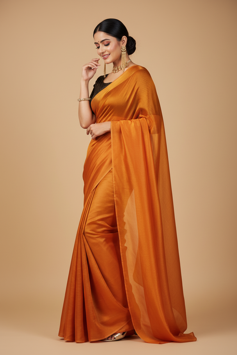 Snuggle Spot Women's Cotton Silk Self Design Saree With Unstitched Blouse 5.5Mtr (Orange)