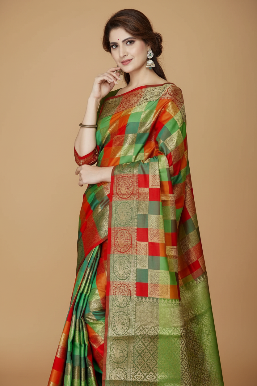 Snuggle Spot Women's Jacquard Woven Saree With Unstitched Blouse 5.5Mtr (Green)