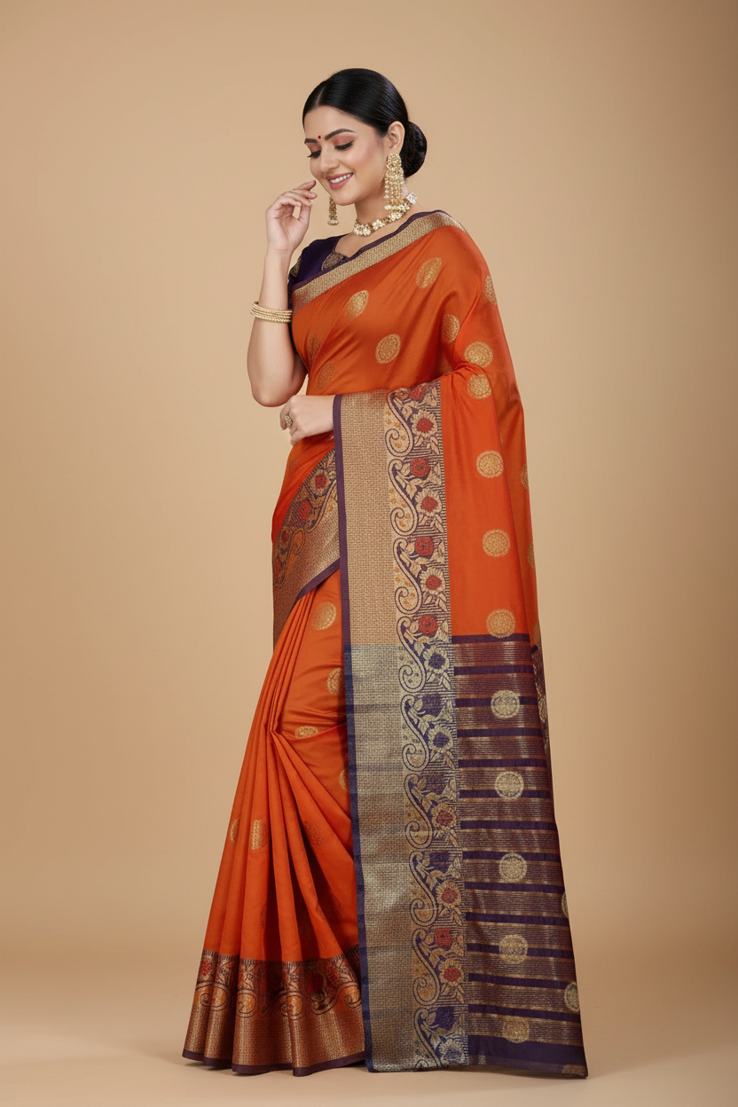 Snuggle Spot Women's Silk Blend Woven Saree With Unstitched Blouse 5.5Mtr (Blue-Orange)