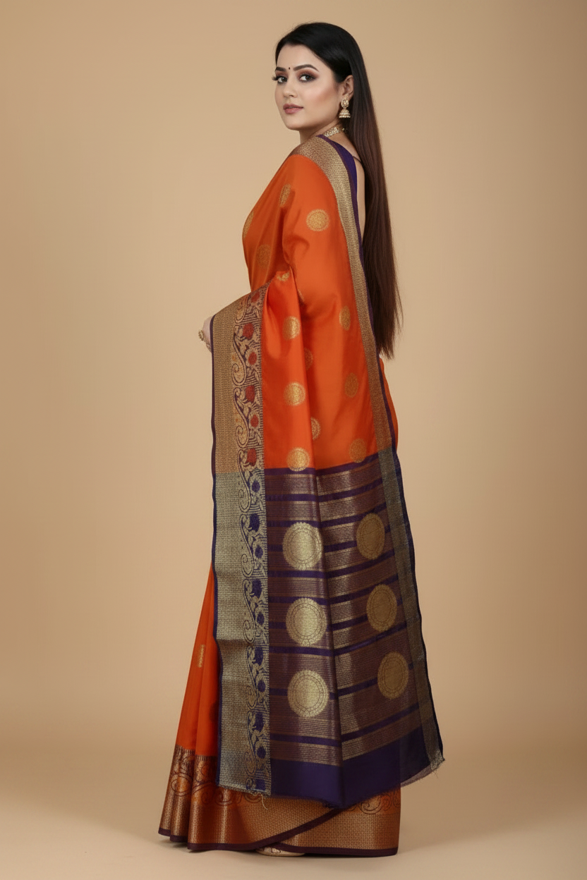 Snuggle Spot Women's Silk Blend Woven Saree With Unstitched Blouse 5.5Mtr (Blue-Orange)