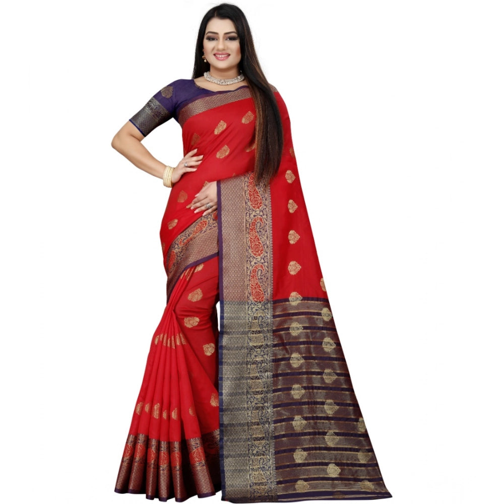 Snuggle Spot Women's Silk Blend Woven Saree With Unstitched Blouse 5.5Mtr (Purple-Red)