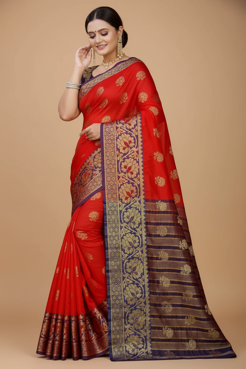 Snuggle Spot Women's Silk Blend Woven Saree With Unstitched Blouse 5.5Mtr (Purple-Red)