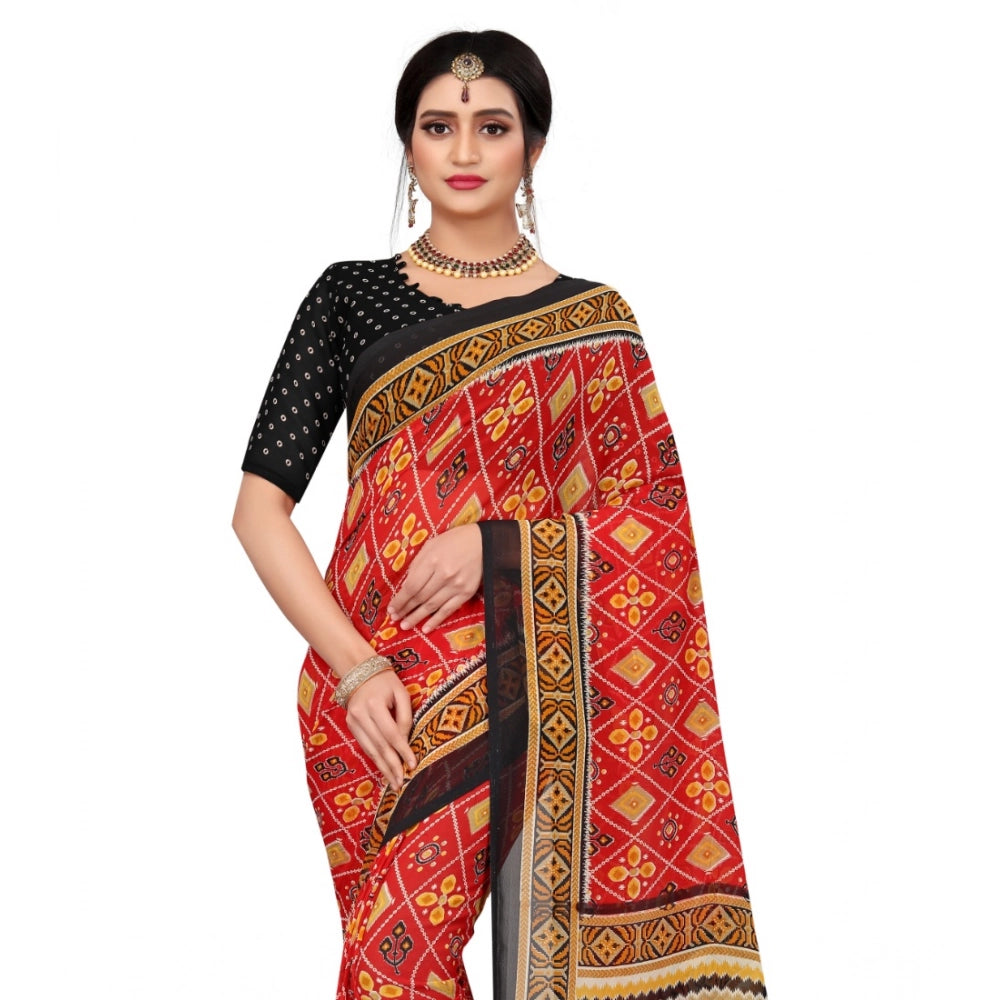 Snuggle Spot Women's Georgette Floral Print Saree With Unstitched Blouse 5.5Mtr (Red)