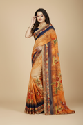 Snuggle Spot Women's Georgette Floral Print Saree With Unstitched Blouse 5.5Mtr (Blue-Orange)