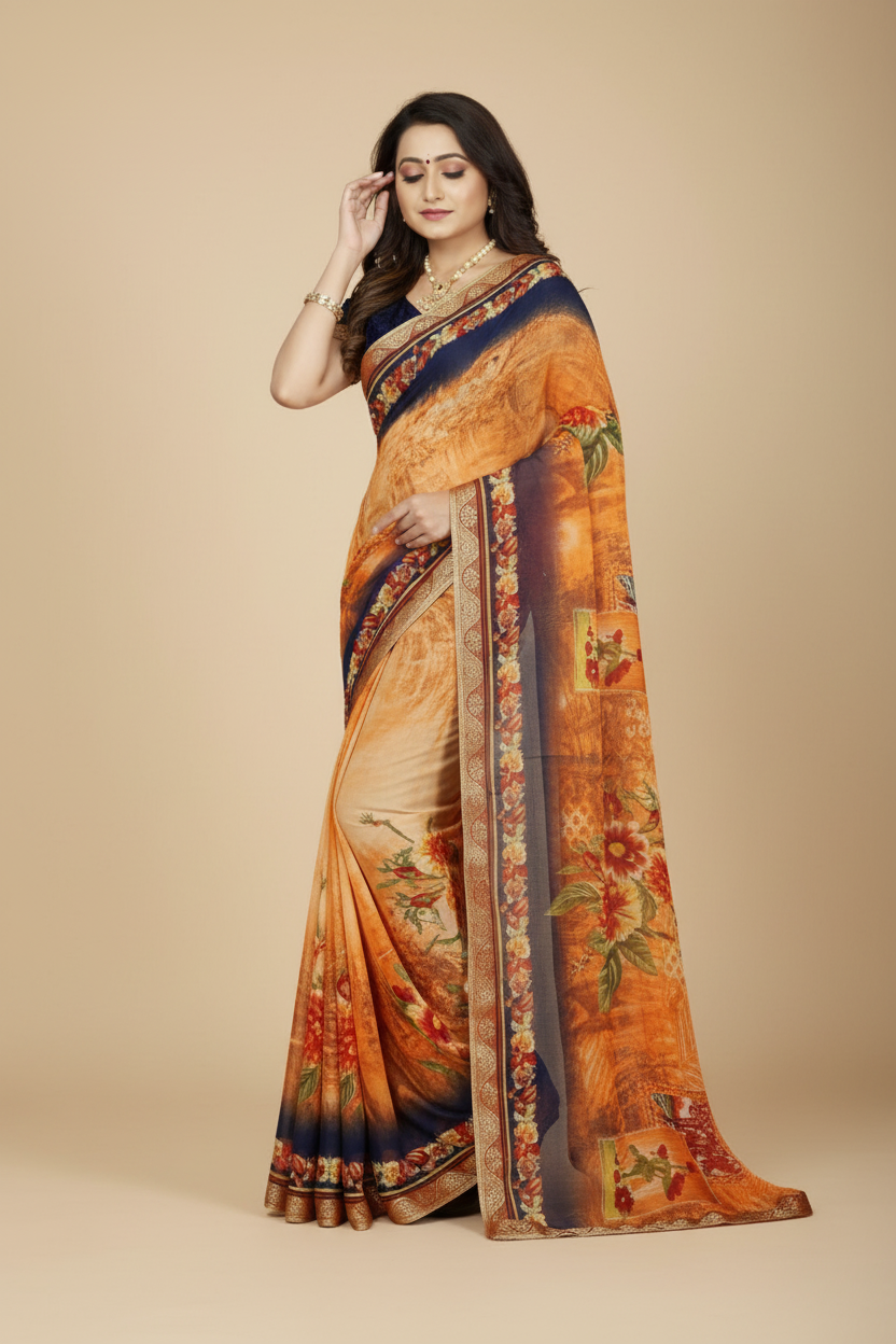 Snuggle Spot Women's Georgette Floral Print Saree With Unstitched Blouse 5.5Mtr (Blue-Orange)