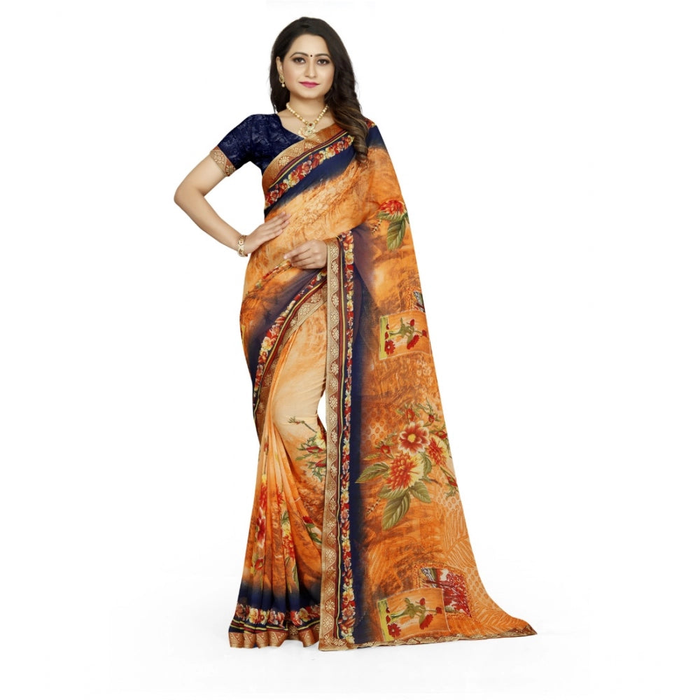 Snuggle Spot Women's Georgette Floral Print Saree With Unstitched Blouse 5.5Mtr (Blue-Orange)