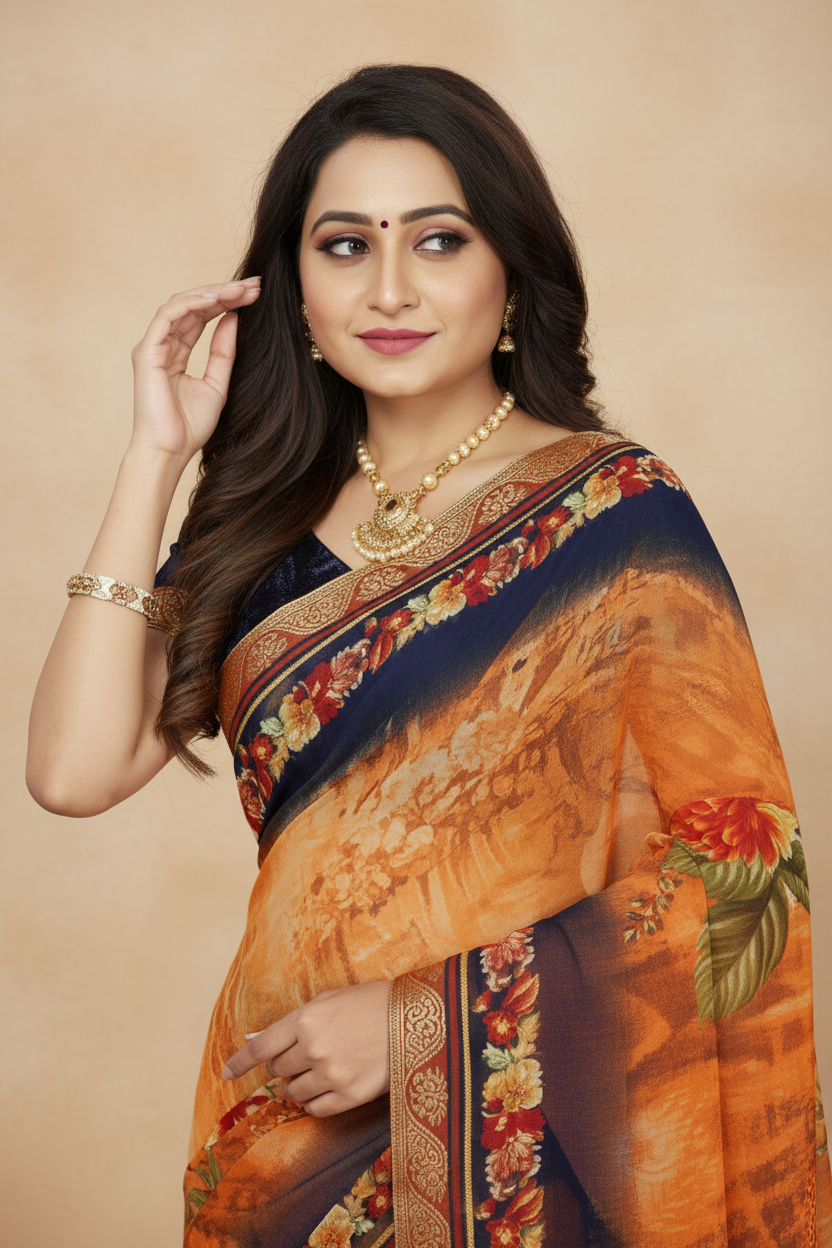 Snuggle Spot Women's Georgette Floral Print Saree With Unstitched Blouse 5.5Mtr (Blue-Orange)