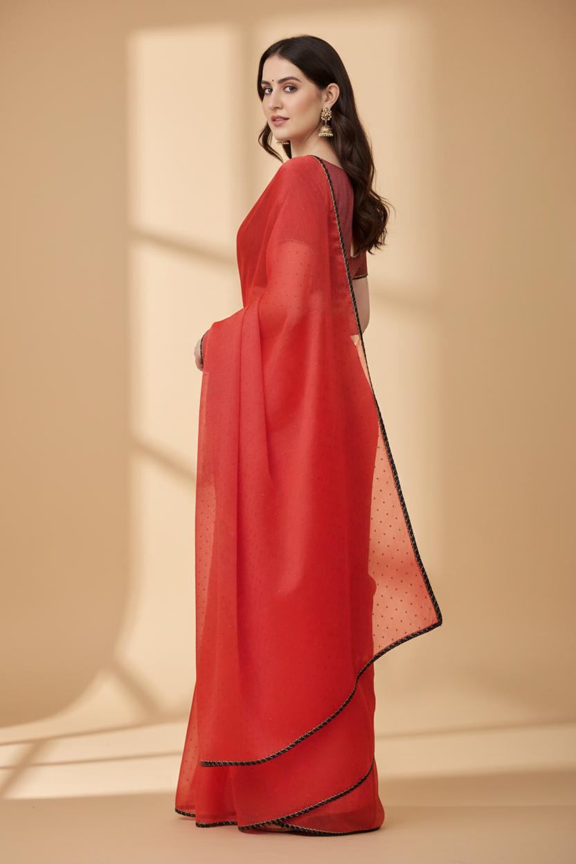 Snuggle Spot Women's Silk Blend Embellished Saree With Unstitched Blouse 5.5Mtr (Red)