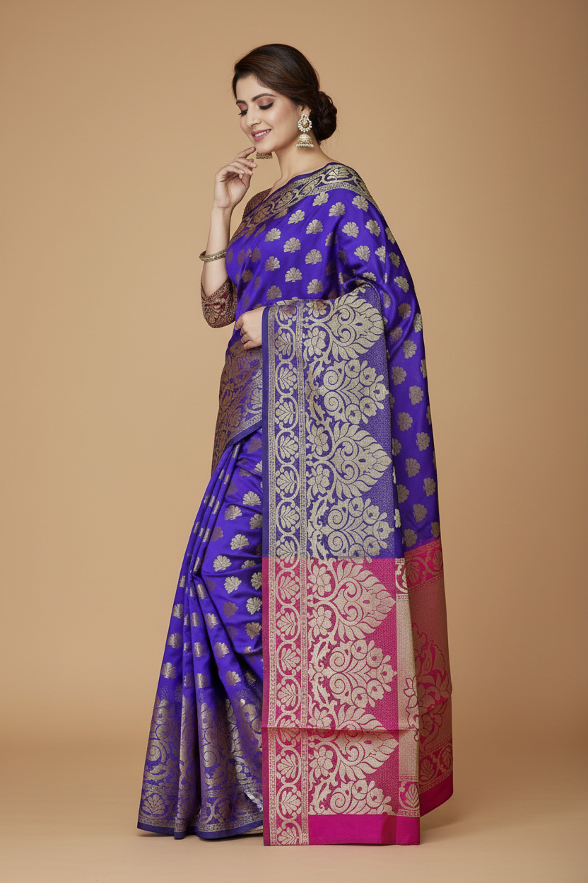 Snuggle Spot Women's Jacquard Woven Saree With Unstitched Blouse 5.5Mtr (Blue)