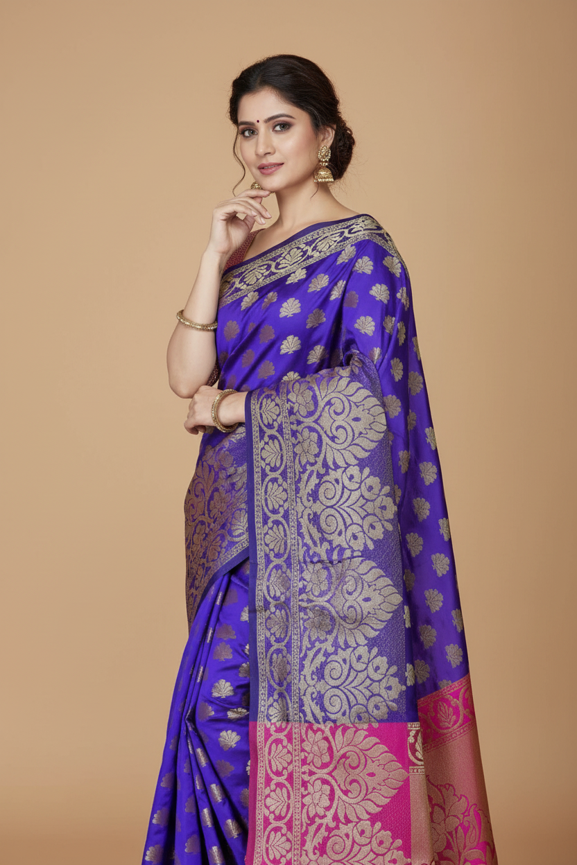 Snuggle Spot Women's Jacquard Woven Saree With Unstitched Blouse 5.5Mtr (Blue)