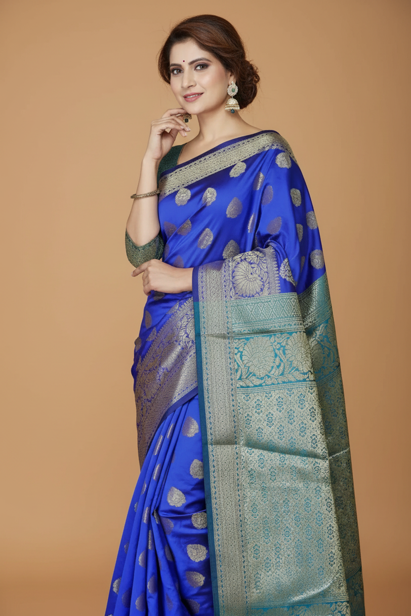 Snuggle Spot Women's Jacquard Woven Saree With Unstitched Blouse 5.5Mtr (Blue)