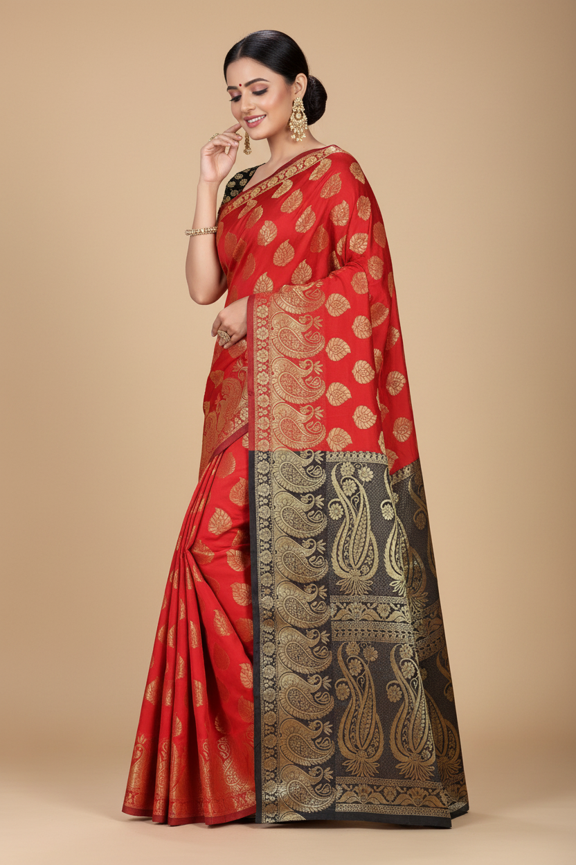 Snuggle Spot Women's Jacquard Woven Saree With Unstitched Blouse 5.5Mtr (Red)