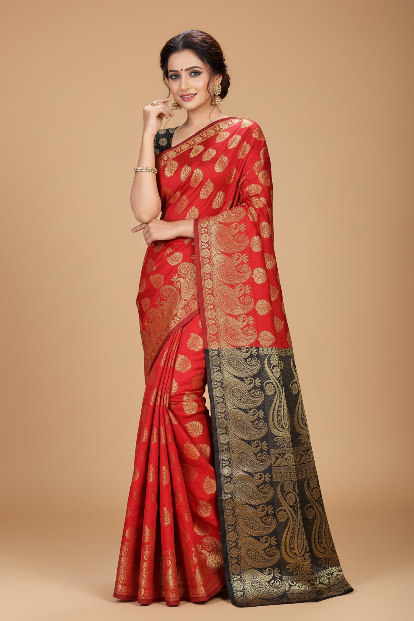 Snuggle Spot Women's Jacquard Woven Saree With Unstitched Blouse 5.5Mtr (Red)