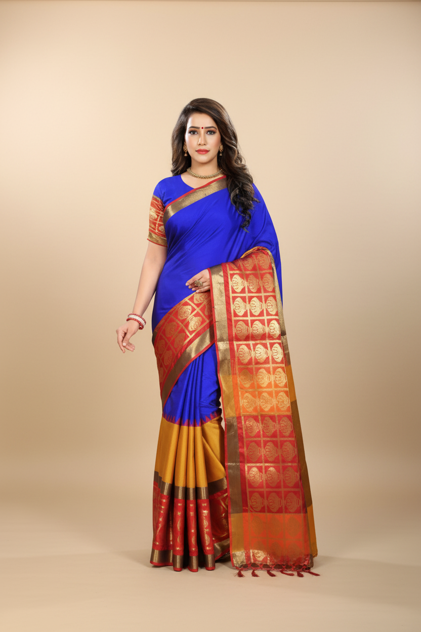 Snuggle Spot Women's Jacquard Woven Saree With Unstitched Blouse 5.5Mtr (Blue)