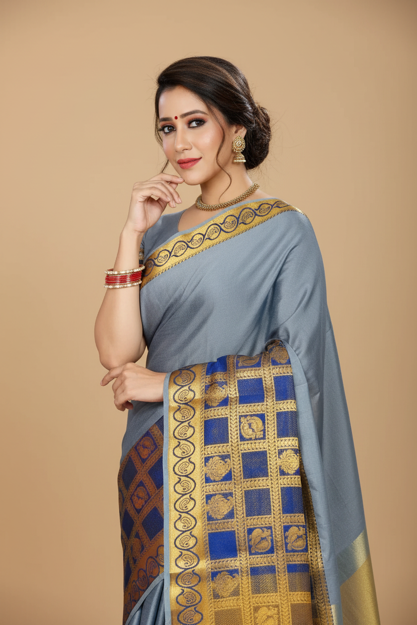 Snuggle Spot Women's Jacquard Woven Saree With Unstitched Blouse 5.5Mtr (Light Blue)