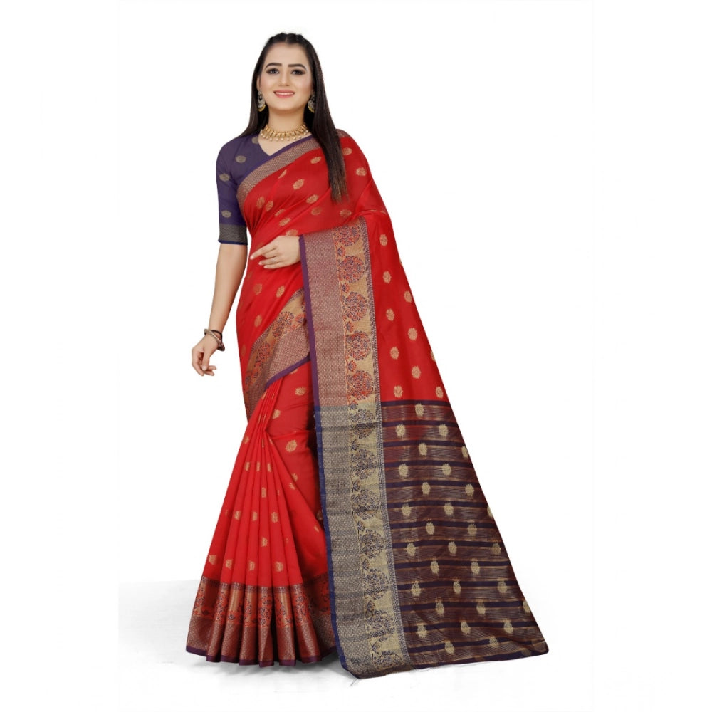 Snuggle Spot Women's Jacquard Woven Saree With Unstitched Blouse 5.5Mtr (Red)