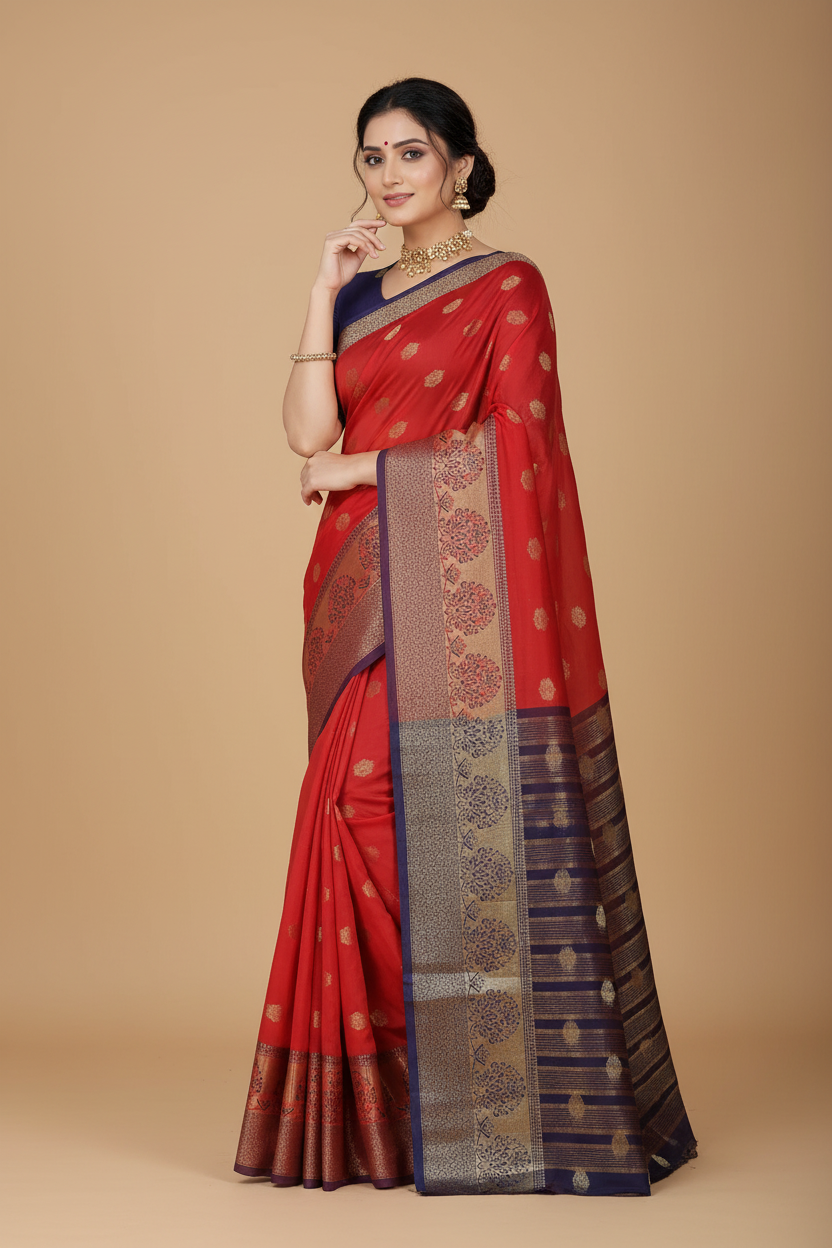Snuggle Spot Women's Jacquard Woven Saree With Unstitched Blouse 5.5Mtr (Red)