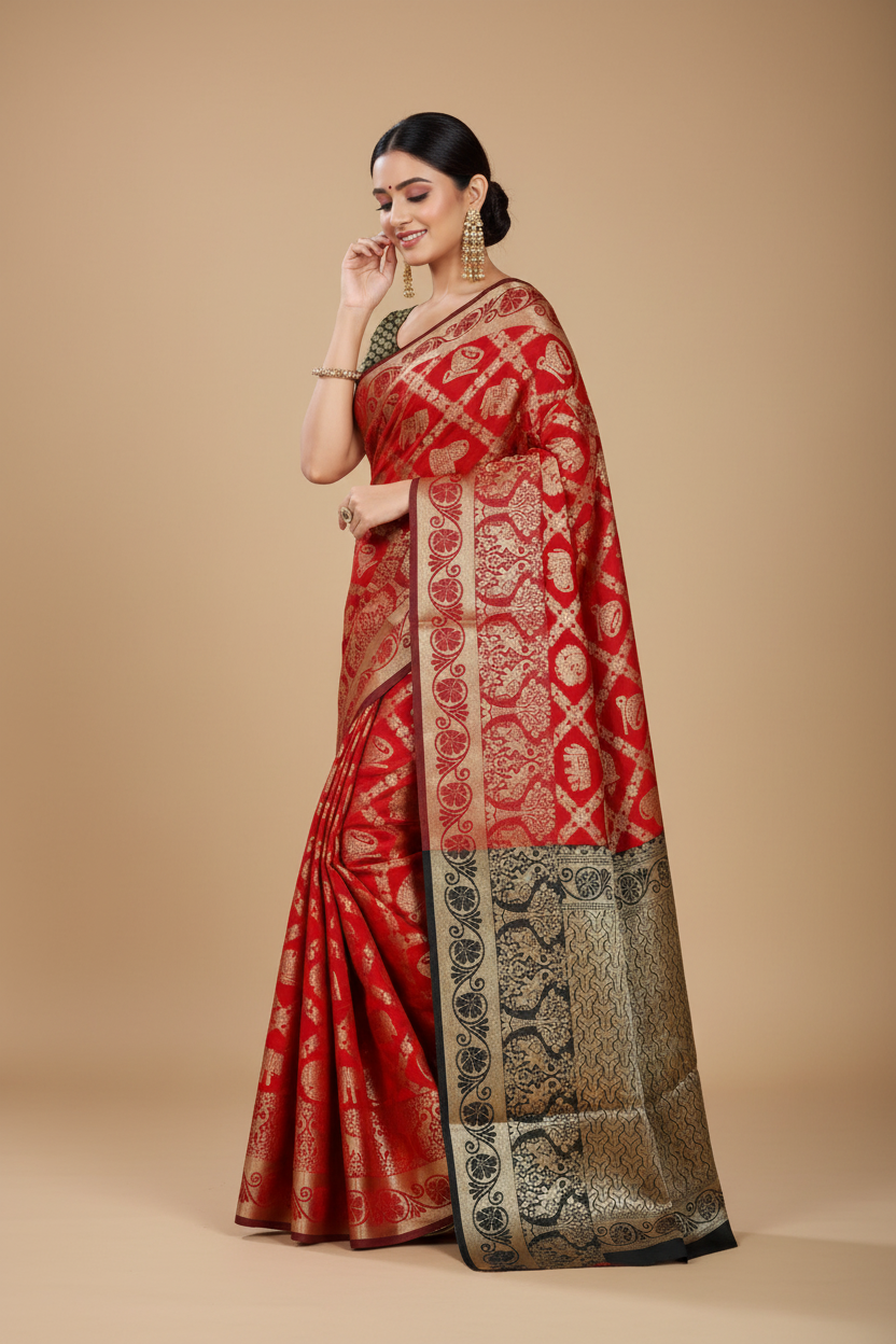 Snuggle Spot Women's Jacquard Woven Saree With Unstitched Blouse 5.5Mtr (Red)