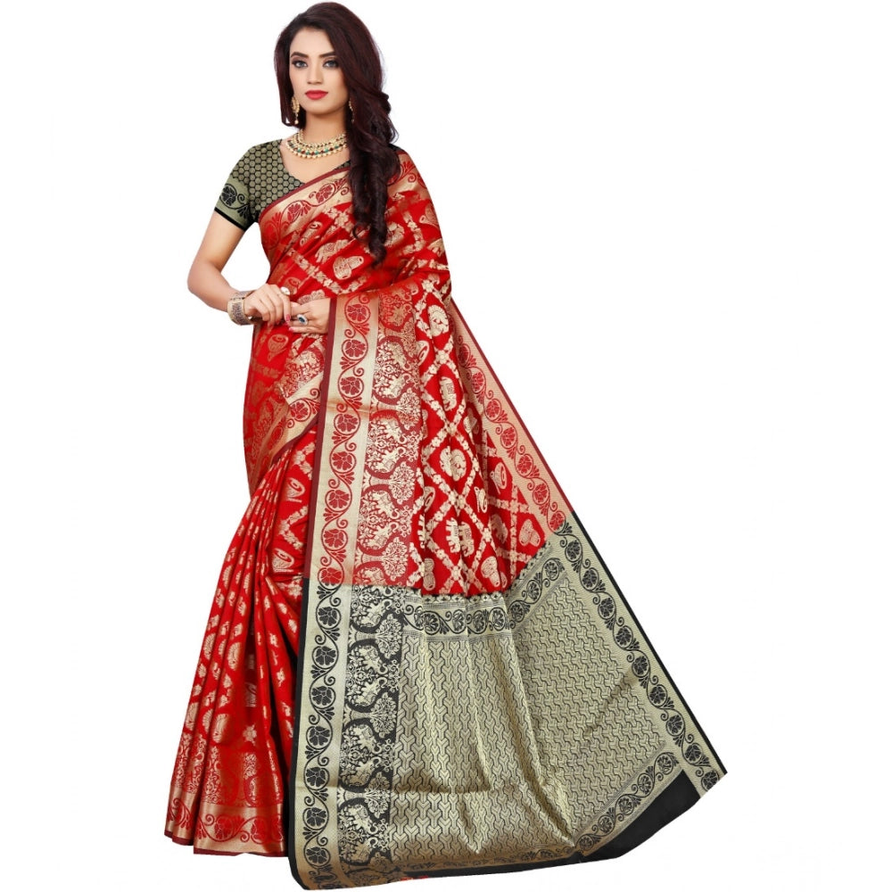 Snuggle Spot Women's Jacquard Woven Saree With Unstitched Blouse 5.5Mtr (Red)