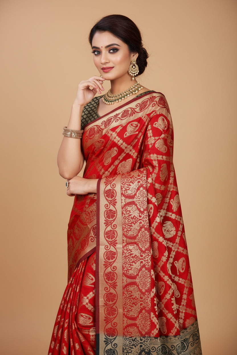 Snuggle Spot Women's Jacquard Woven Saree With Unstitched Blouse 5.5Mtr (Red)