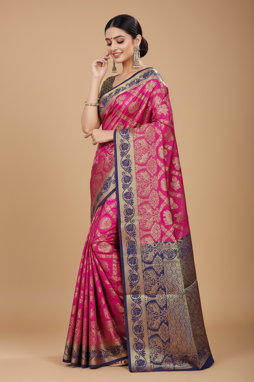 Snuggle Spot Women's Jacquard Woven Saree With Unstitched Blouse 5.5Mtr (Pink)