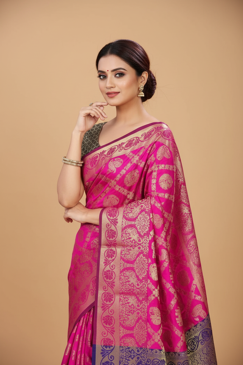 Snuggle Spot Women's Jacquard Woven Saree With Unstitched Blouse 5.5Mtr (Pink)