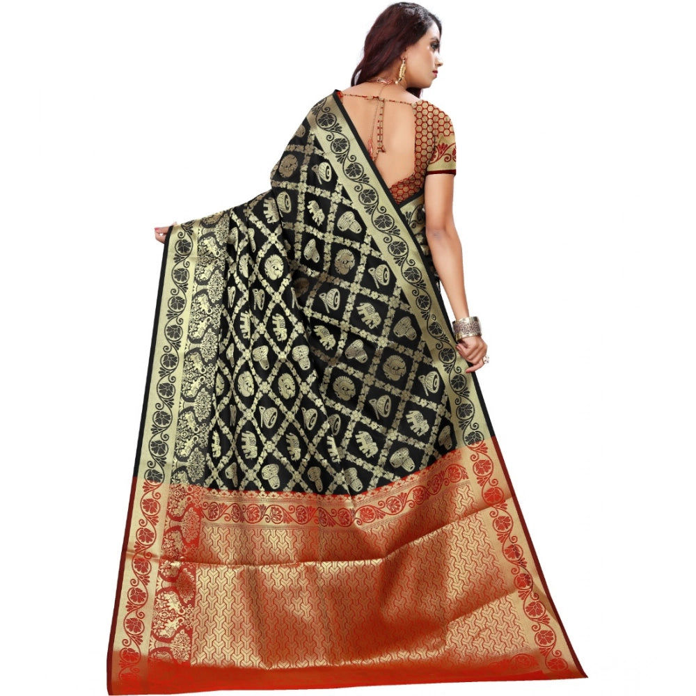 Snuggle Spot Women's Jacquard Woven Saree With Unstitched Blouse 5.5Mtr (Black)