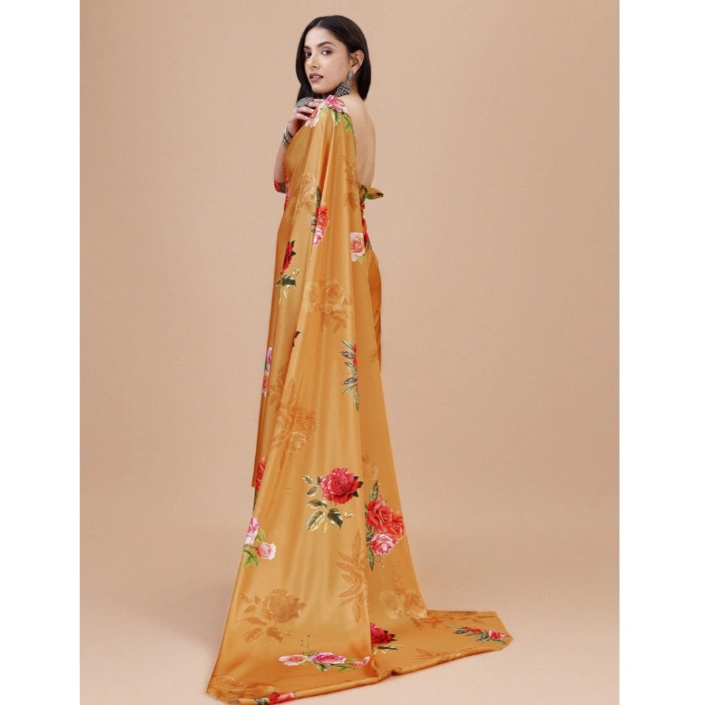 Snuggle Spot Women's Crepe Digital Print Saree With Unstitched Blouse 5.5Mtr (Mustard)