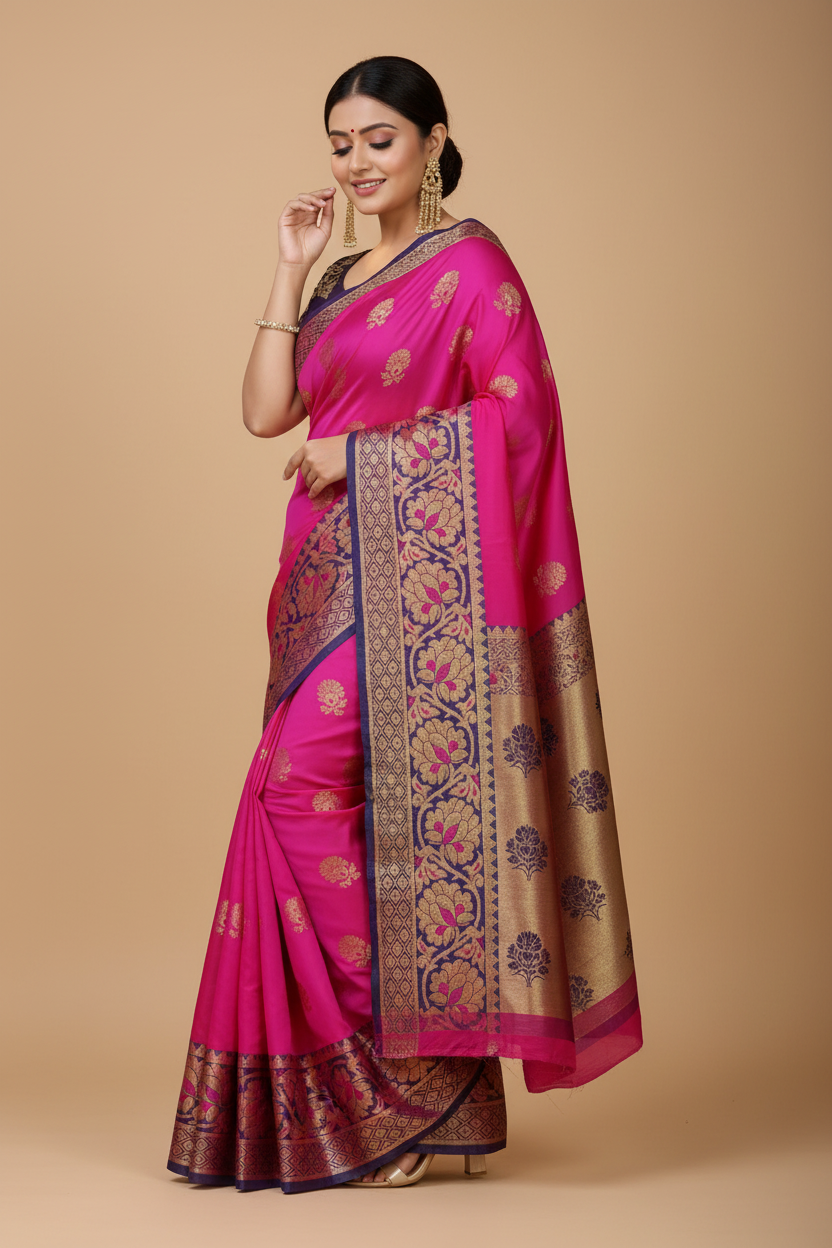 Snuggle Spot Women's Silk Blend Woven Saree With Unstitched Blouse 5.5Mtr (Pink-Beige)
