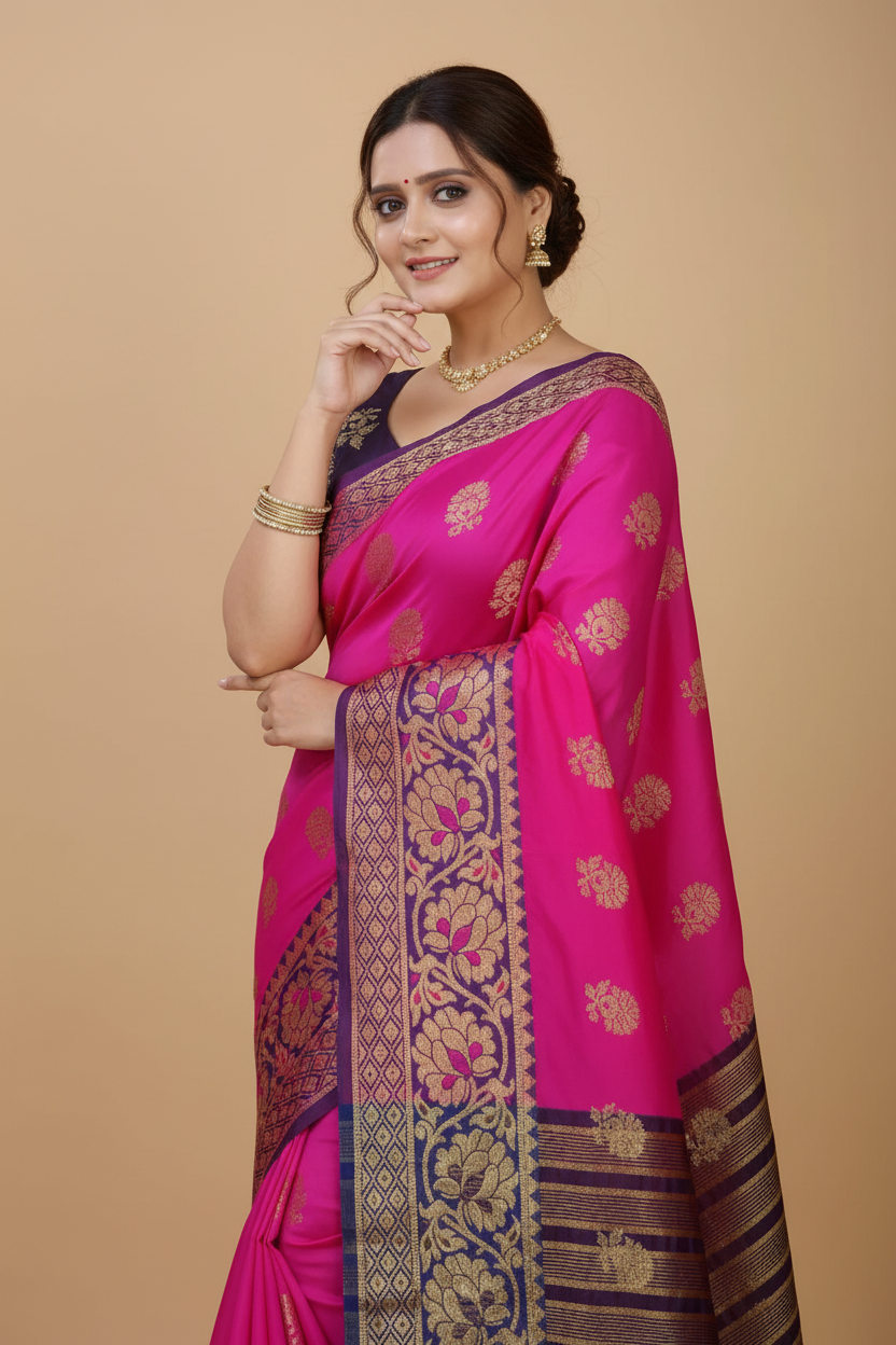 Snuggle Spot Women's Silk Blend Woven Saree With Unstitched Blouse 5.5Mtr (Pink-Beige)