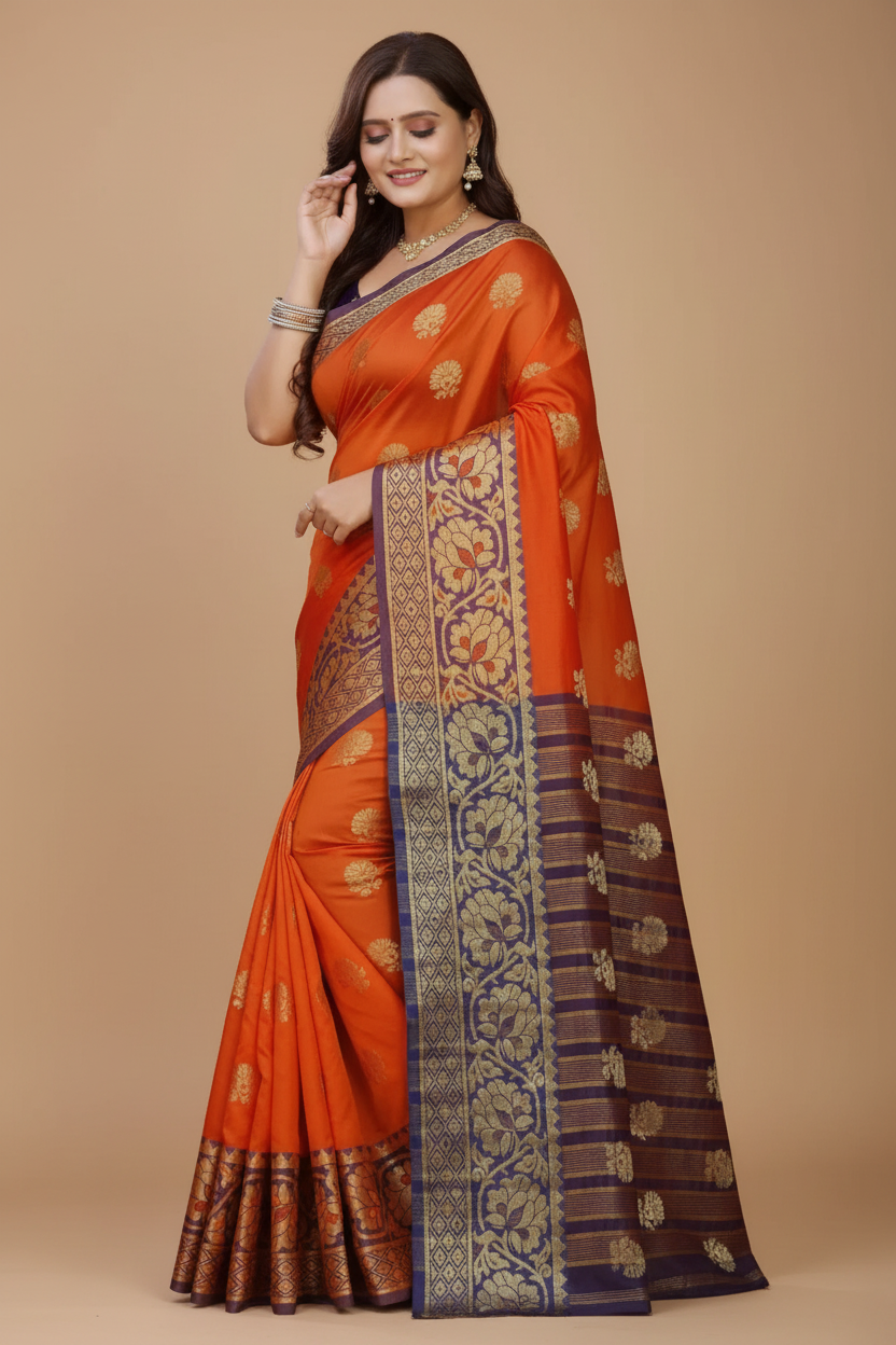 Snuggle Spot Women's Silk Blend Woven Saree With Unstitched Blouse 5.5Mtr (Gold-Orange)