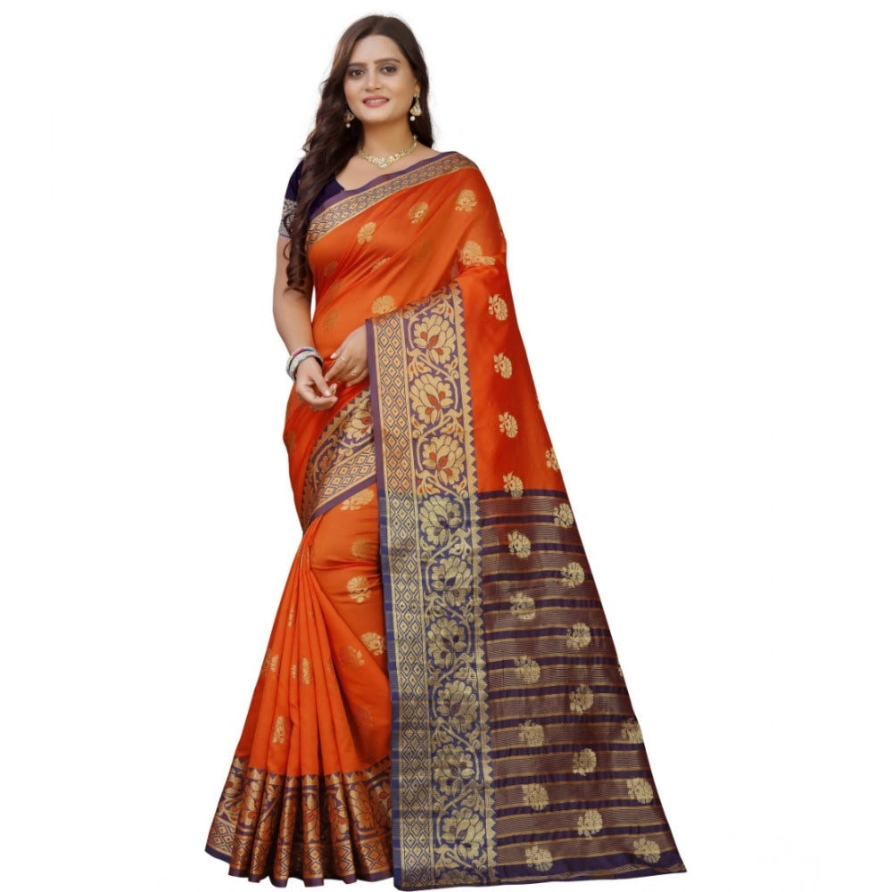 Snuggle Spot Women's Silk Blend Woven Saree With Unstitched Blouse 5.5Mtr (Gold-Orange)