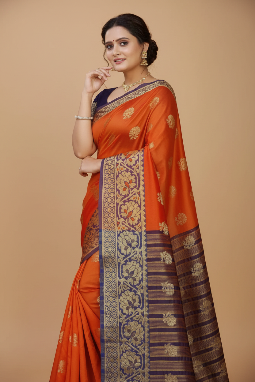 Snuggle Spot Women's Silk Blend Woven Saree With Unstitched Blouse 5.5Mtr (Gold-Orange)