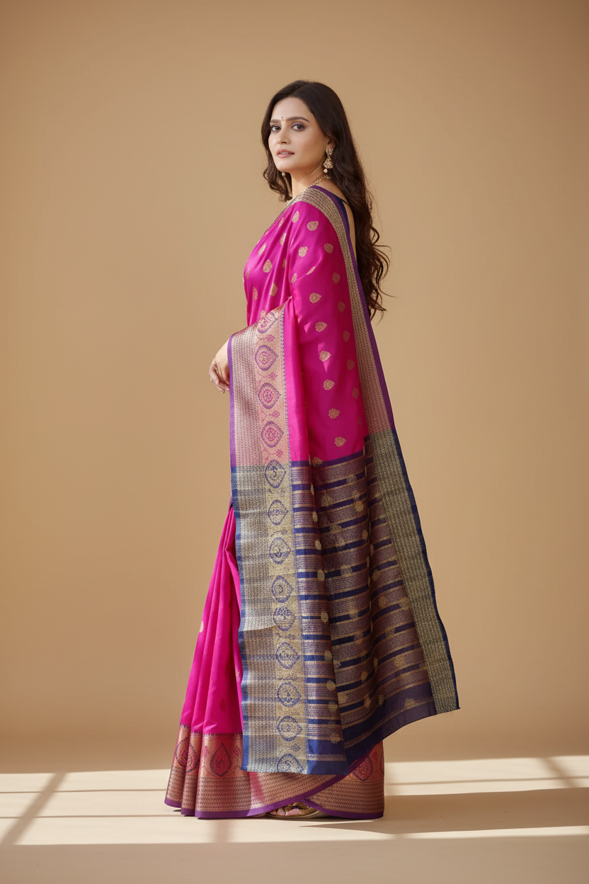 Snuggle Spot Women's Silk Blend Woven Saree With Unstitched Blouse 5.5Mtr (Purple-Pink)
