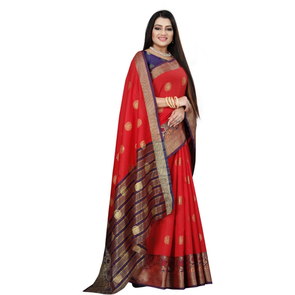 Snuggle Spot Women's Silk Blend Woven Saree With Unstitched Blouse 5.5Mtr (Red-Blue)