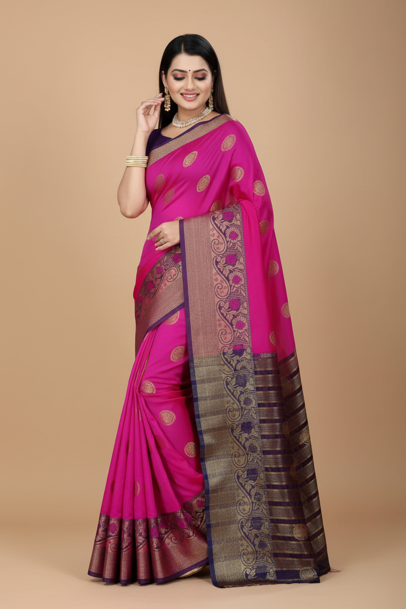 Snuggle Spot Women's Silk Blend Woven Saree With Unstitched Blouse 5.5Mtr (Blue-Pink)