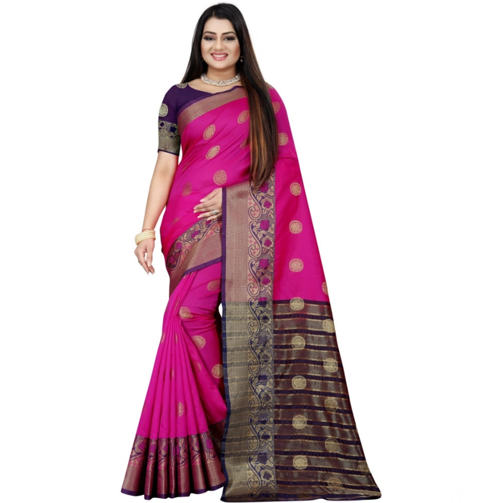 Snuggle Spot Women's Silk Blend Woven Saree With Unstitched Blouse 5.5Mtr (Blue-Pink)