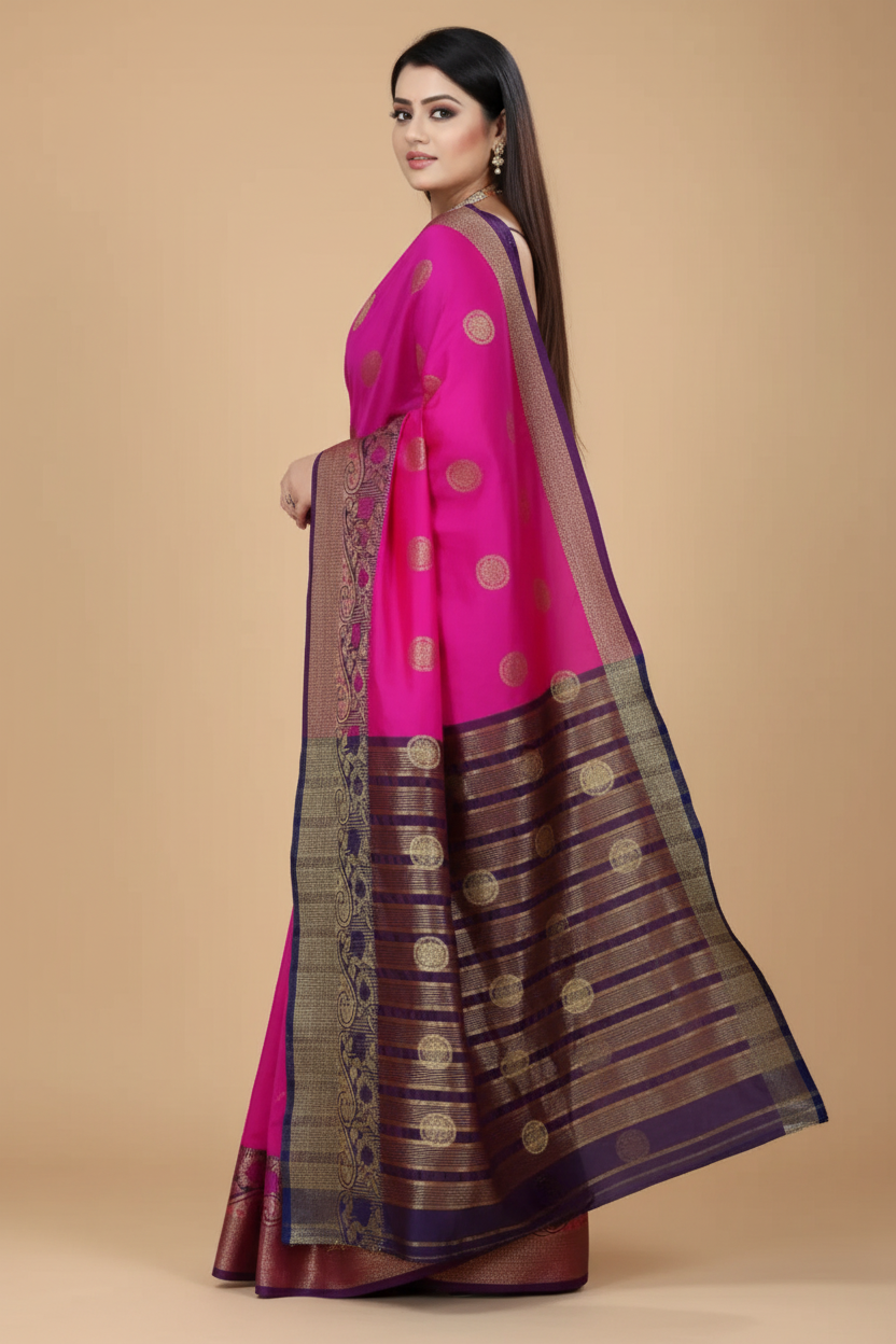 Snuggle Spot Women's Silk Blend Woven Saree With Unstitched Blouse 5.5Mtr (Blue-Pink)