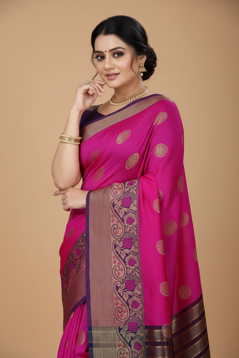 Snuggle Spot Women's Silk Blend Woven Saree With Unstitched Blouse 5.5Mtr (Blue-Pink)