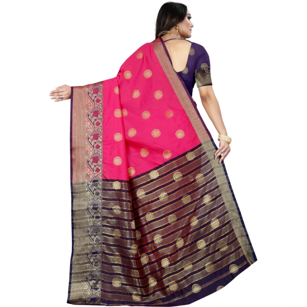 Snuggle Spot Women's Silk Blend Woven Saree With Unstitched Blouse 5.5Mtr (Blue-Pink)