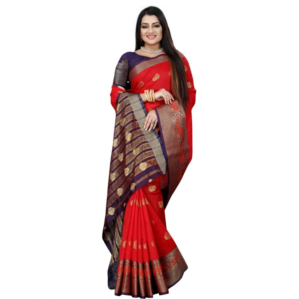 Snuggle Spot Women's Silk Blend Woven Saree With Unstitched Blouse 5.5Mtr (Purple-Red)