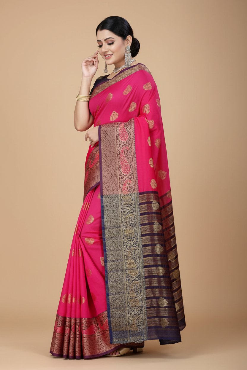Snuggle Spot Women's Silk Blend Woven Saree With Unstitched Blouse 5.5Mtr (Purple-Pink)