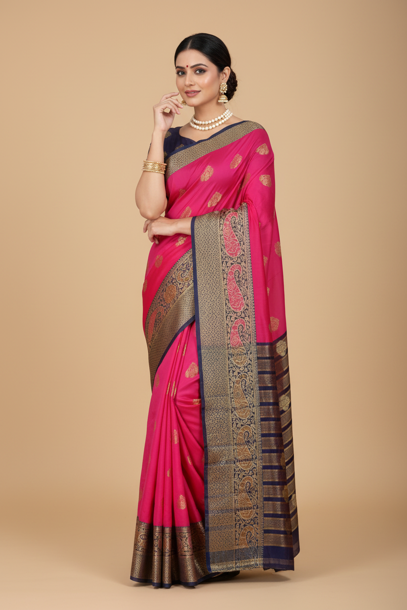 Snuggle Spot Women's Silk Blend Woven Saree With Unstitched Blouse 5.5Mtr (Purple-Pink)