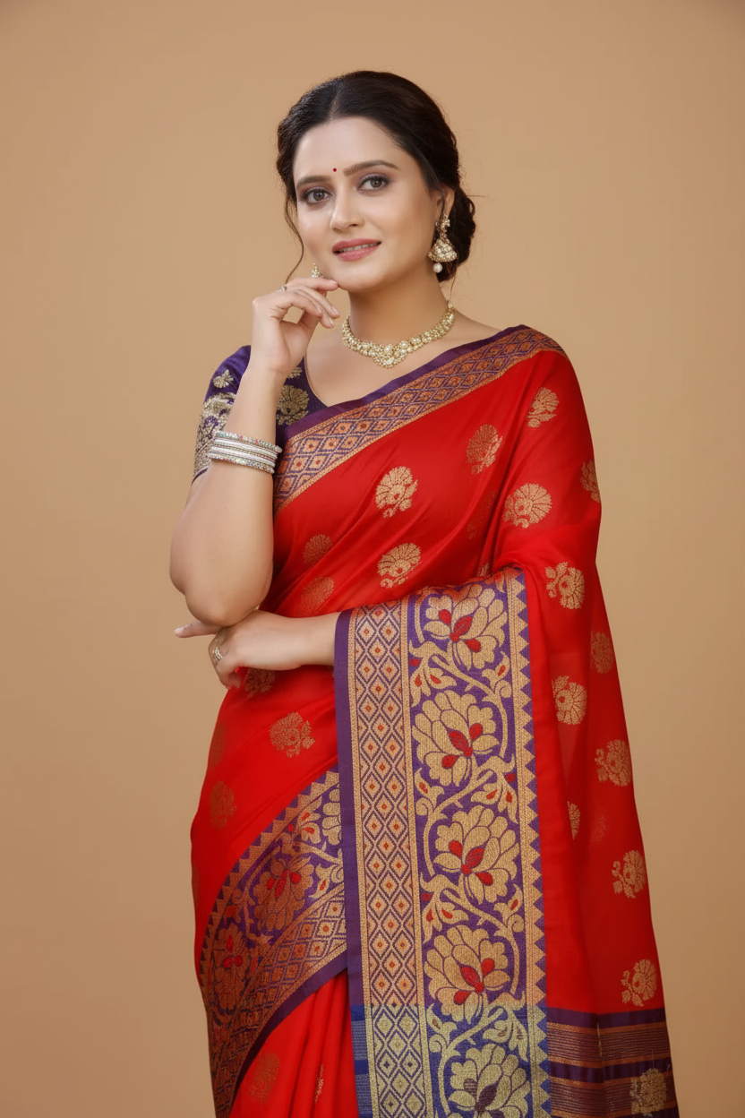 Snuggle Spot Women's Silk Blend Woven Saree With Unstitched Blouse 5.5Mtr (Purple-Red)