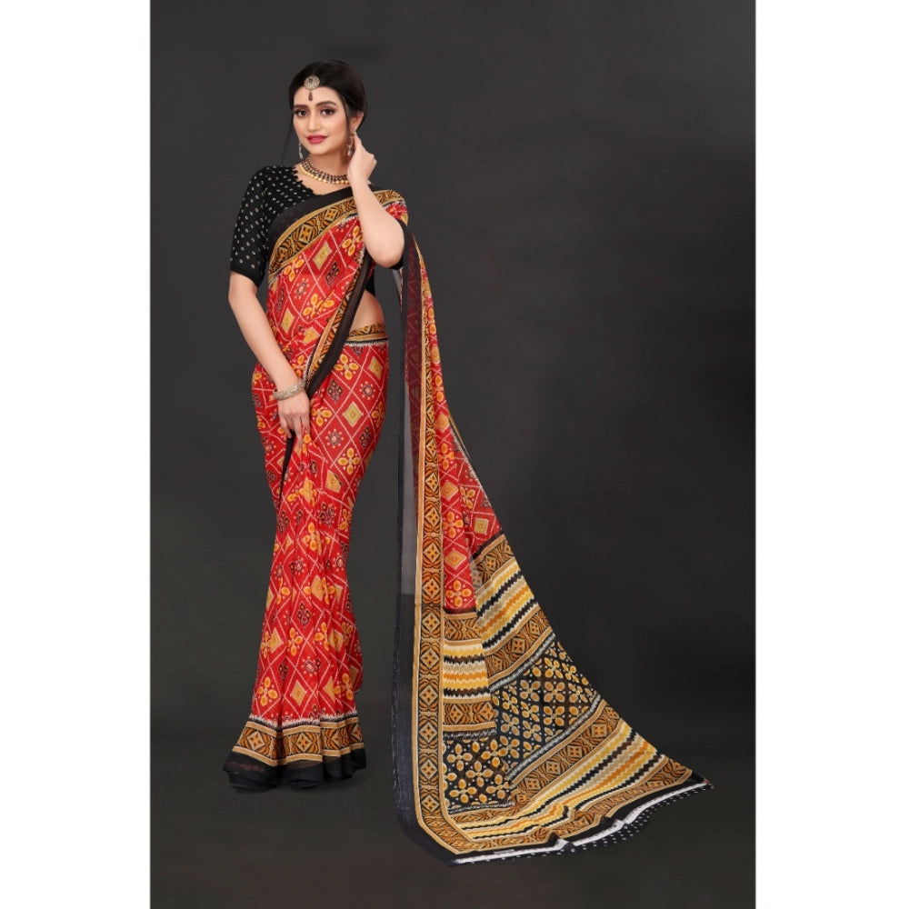 Snuggle Spot Women's Georgette Floral Print Saree With Unstitched Blouse 5.5Mtr (Red)