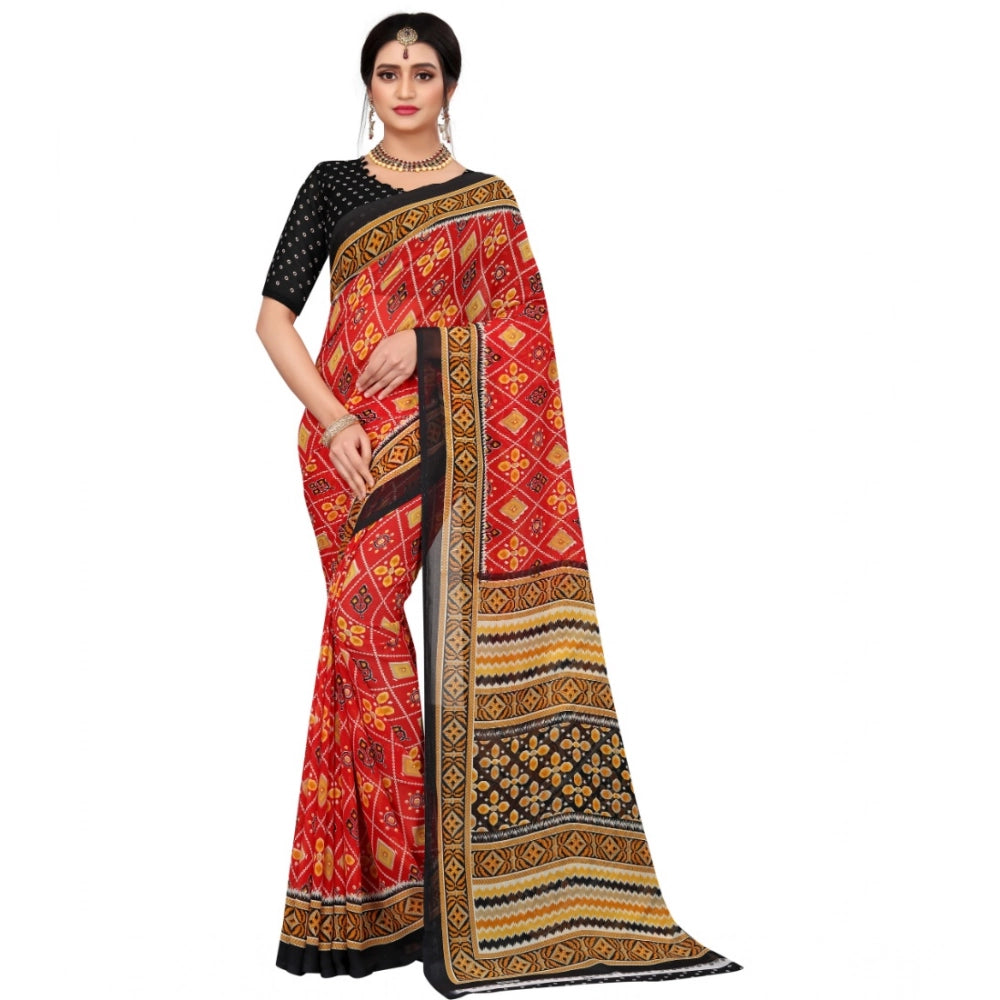 Snuggle Spot Women's Georgette Floral Print Saree With Unstitched Blouse 5.5Mtr (Red)
