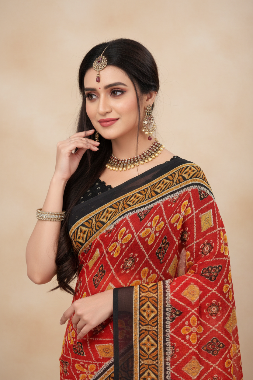 Snuggle Spot Women's Georgette Floral Print Saree With Unstitched Blouse 5.5Mtr (Red)